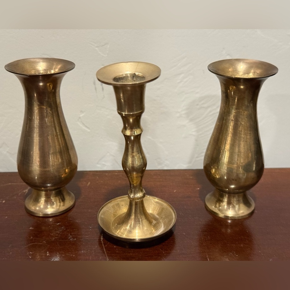 EUC Set Of 3 —2 Solid Brass Bud Vases & 1 Candleholder Made in India
